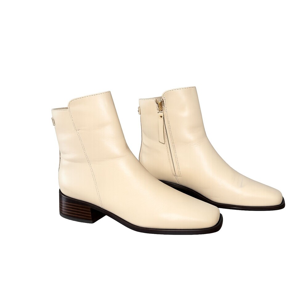 Sam Edelman Thatcher Ivory Leather Ankle Boots Square Toe Zip Block Heel 8M